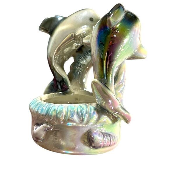Vintage Iridescent Lustreware Ceramic Blue Dolphins on Trinket Bowl 1960s - Picture 3 of 11
